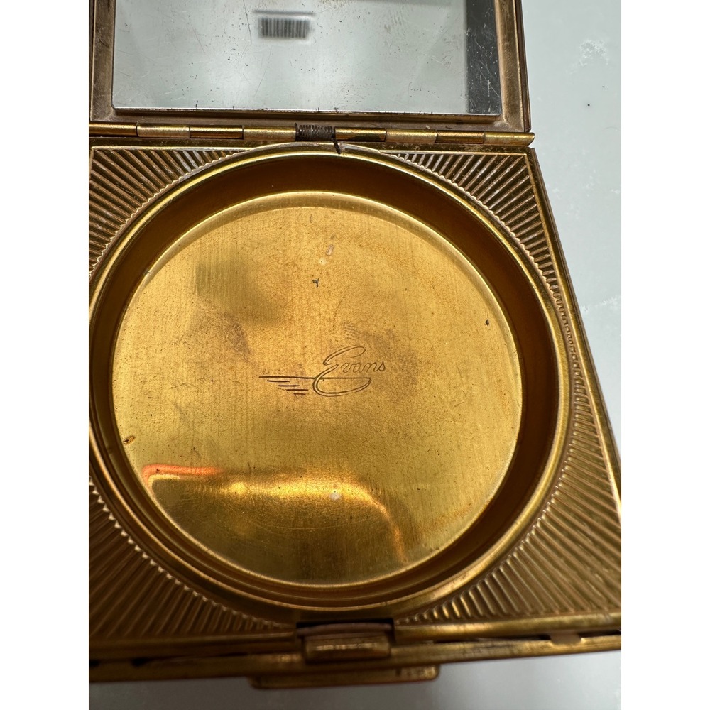 Vintage 1940s Evans Compact Steamer Trunk Clock Double Vanity Mirror Powder Box - Picture 7 of 7